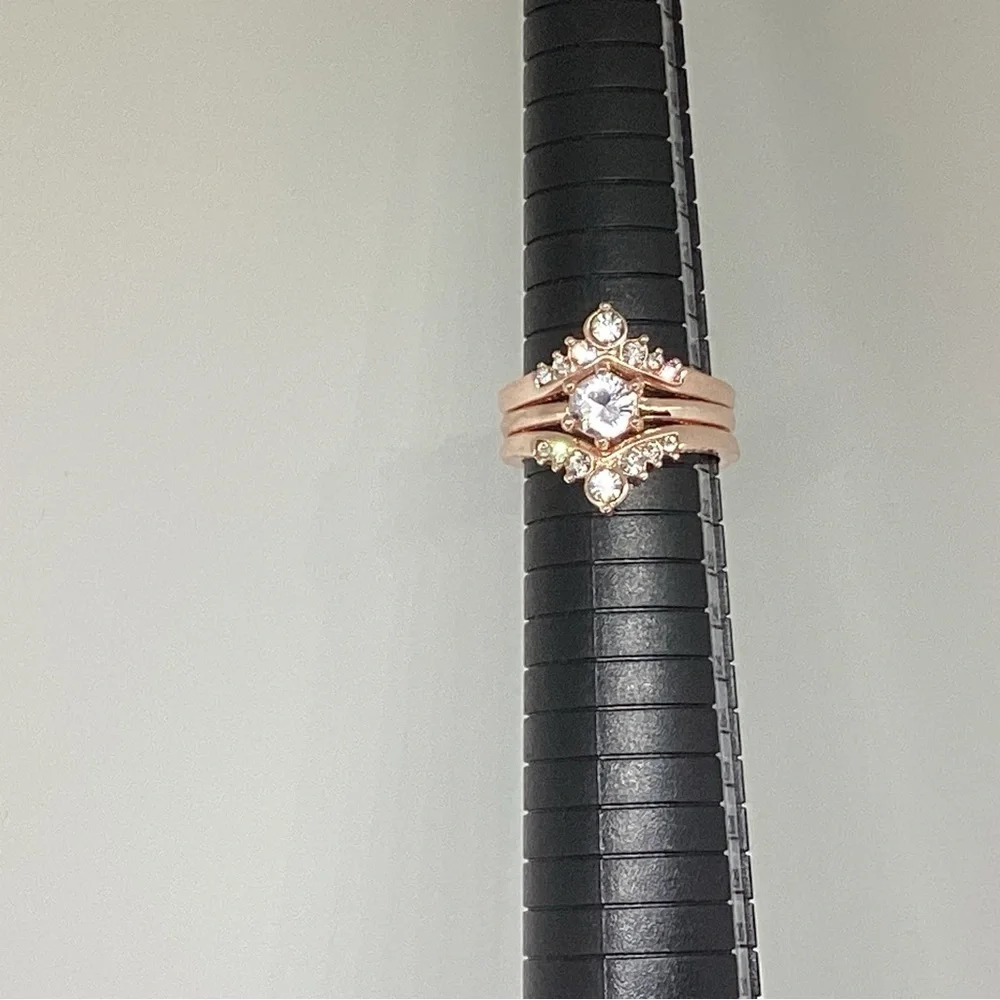 New! 3 Three Piece Stackable Crown Shaped Rose Gold Ring Set Sz 9 Faux Diamonds